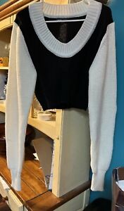 NEUF AVEC ÉTIQUETTE pull de culture en tricot bicolore pour femme taille US 8-10 noir/blanc