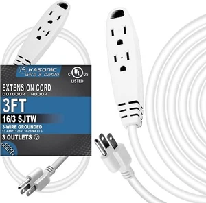 3-Feet 3 Outlet Extension Cord ,16/3 SJTW 3 Wire Grounded 13 Amp 125V 1625 Watts - Picture 1 of 12