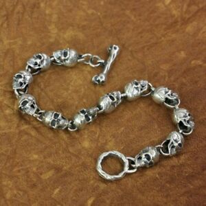 925 Sterling Silver Details Skulls Chain Mens Biker Rock Punk Bracelet TA169D