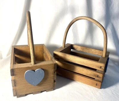 Slatted Decorative Wooden Baskets with one handle Heart Shaped Design On Ends - Image 1 of 4