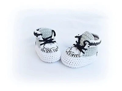 Crochet Bebé Niña Niño Zapatos, Tenis Bebé, Gris Blanco Botines, Nuevo Bebé Regalo Foto 1 de 4