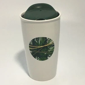 Bicchiere tazza da viaggio Starbucks 2014 con coperchio bianco verde linee oro punto ceramica 12 oz - Foto 1 di 4