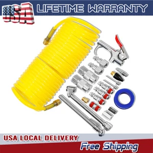 20pcs Air Compressor Accessory Kit 25Ft Recoil Hose Gun Nozzles Set 1/4" NPT New - Picture 1 of 17