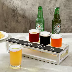 Rustic Whitewashed Wood Beer Flight Holder Sampler Tasting Tray Serving Set - Picture 1 of 7