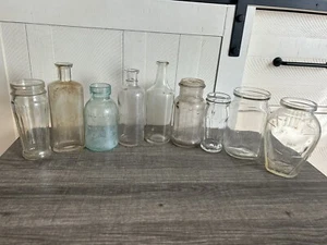 9 Vintage Antique Apothecary Food Glass Bottles Clear Green Hazel Atlas K73 - Picture 1 of 13