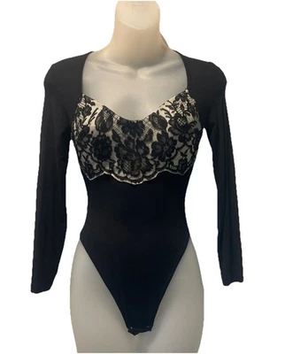 Body La Perla Negro Floral Encaje Bustier Mangas 3/4 Elástico Talla 32 Usado en Excelente Condición Foto 1 de 4