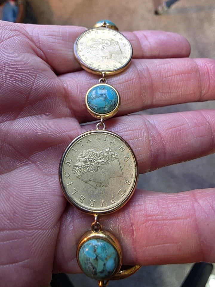 BELLEZA LIRA Moneda Turquesa Bronce 7 Estaciones Pulsera Hermosa Navidad Pronto Foto 1 de 3