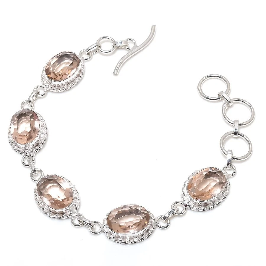 Brazalete de joyería de plata de ley 925 hecho a mano con piedras preciosas de morganita melocotón tamaño 7-8" Foto 1 de 1