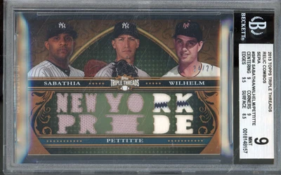 2013 Topps тройные нити SABATHIA PETTITTE WILHELM сепия реликвия комбо /27 BGS 9 - Изображение 1 из 2