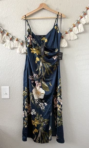 Lulus Navy Floral Satin Cami Slip Midi Dress Coquette Romantic Wedding NWT M - Picture 1 of 10
