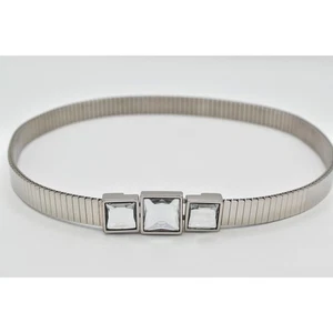 Vintage Metal Belt Silver Metal Stretch Chunky Square Crystal Rhinestone Faceted - Picture 1 of 16