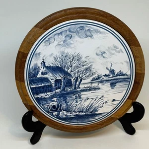 DELFT Blue and White Ceramic and Wood Trivet 7” - Picture 1 of 3