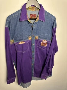 Vintage Bugle Boy Denim & Purple Cotton Button-Up Shirt – Paisley Trim – Large - Picture 1 of 7