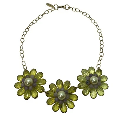 Collar Lenora Dama Amarillo Verde Lucita Flor en Cadena Oro Declaración Foto 1 de 4