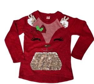 Holiday Time Christmas Reindeer Soft Knit Sweater Red Sequin Glitter sz 7-8 - Picture 1 of 9