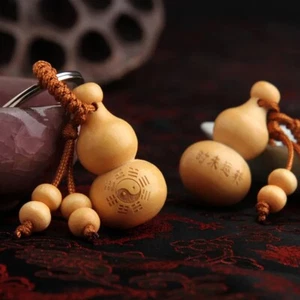 Feng Shui Lucky Chinese Gourd Fu Lu Peach Wood Keyring Keychain Charm - Picture 1 of 1