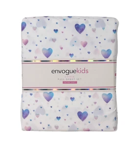 ENVOGUE Kids FULL 4 PC Extra Soft Sheet Set Pink Blue Purple Hearts on White NEW - Picture 1 of 2