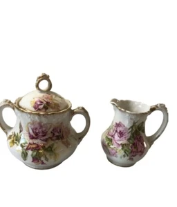 Limoges Vintage Antique Hand Painted Porcelain Sugar & Cream Bowl W/ Lid Roses - Picture 1 of 8