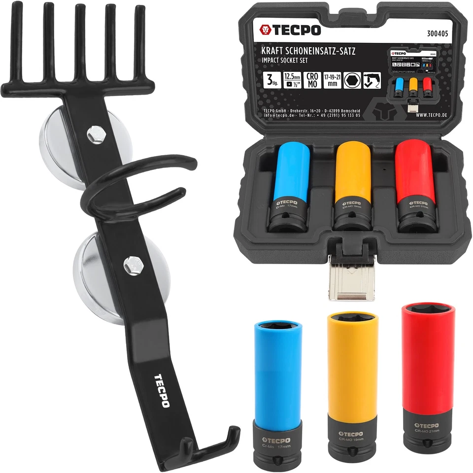 3x TECPO KRAFT-SCHONEINSÄTZE 1/2" STECKSCHLÜSSEL-SATZ + MAGNET HALTER HEBEBÜHNE - Bild 1 von 4