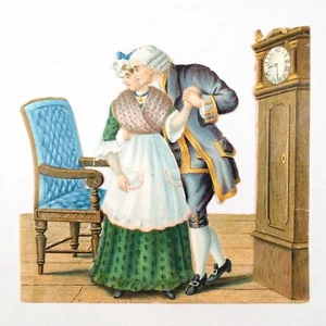 Victorian Die Cut Figure Scenery Worried Couple & Grandfather Clock Scrapbooking - Picture 1 of 2