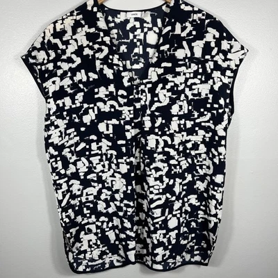 Blusa Vince azul marinho e branco estampa geográfica 100% seda gola V blusa sem mangas pequena - Imagem 1 de 4