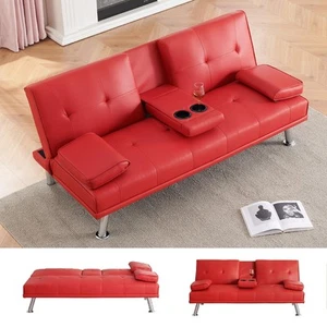 67" Leather Folding Futon Sofa w/Cup Holder & Adjustable Backrest, Mid Centur... - Picture 1 of 7
