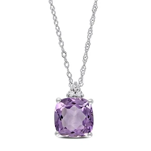 AMOUR Cushion Cut Amethyst Pendant and Chain with Diamonds In 10K White Gold - Picture 1 of 3