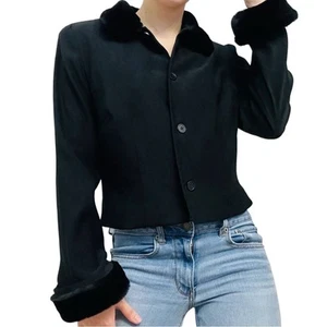 Vintage Cardigan Shacket Faux Fur Trim Sweater Black Y2K Bimbo Size 10 Medium - Picture 1 of 7