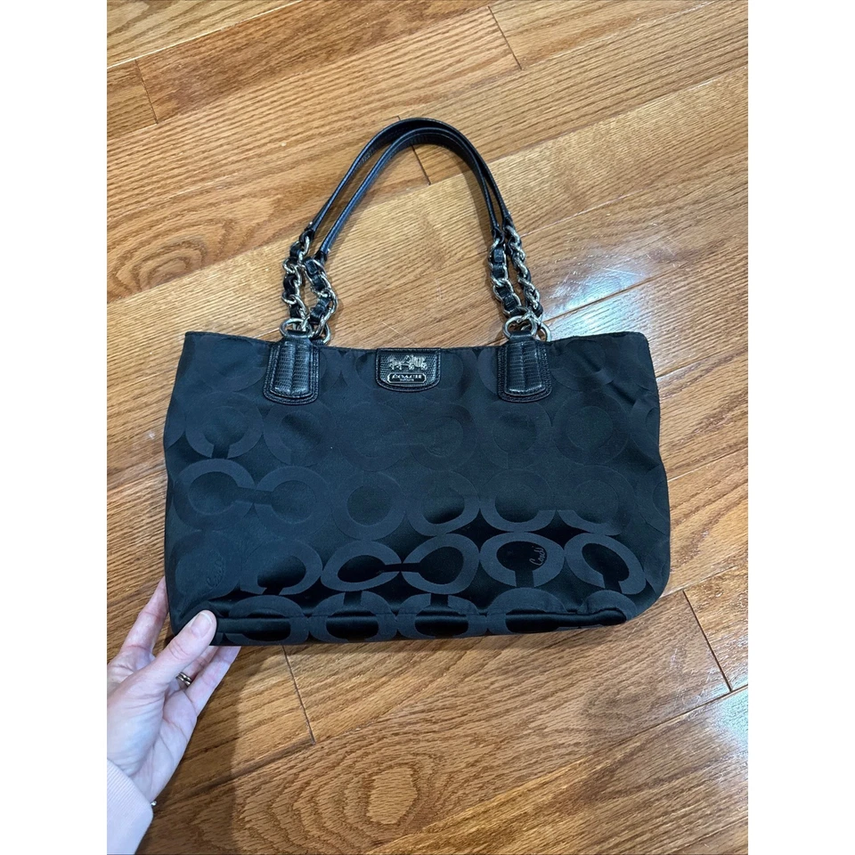 Bolso de Hombro Coach Signature C Monograma Lona Cuero Cadena Negro Foto 1 de 4