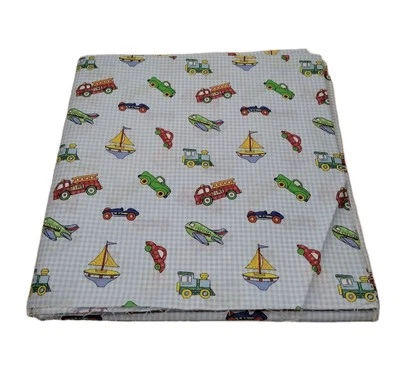 Boats Trains Trucks Cars Airplanes Blue White Plaid Cotton Fabric 1.5 Yds 46x45  - Image 1 of 4