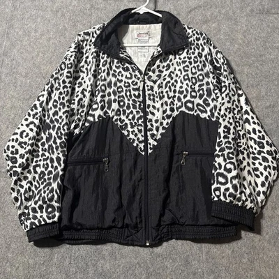 Винтажный 80-х 90-х Janeve снег леопард печать нейлона ветровка куртка M полный карман на молнии - Изображение 1 из 4
