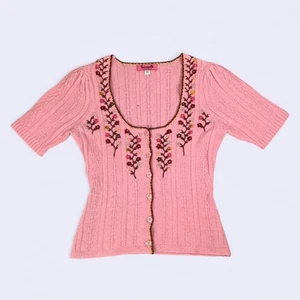 Betsey Johnson Betseyville Pink Lambswool Short Sleeve Cardigan Sweater Sz L - Picture 1 of 8