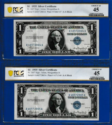 1935  $1   SILVER CERTIFICATE NOTE DOUBLE DATE S/N A 46572864 & 64 A PCGS 2 RUNS - Image 1 of 2