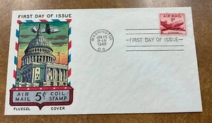 1948 Airmail Coil 5c DC-4 Skymaster Sc C37 FDC  Fluegel cachet. - Picture 1 of 3