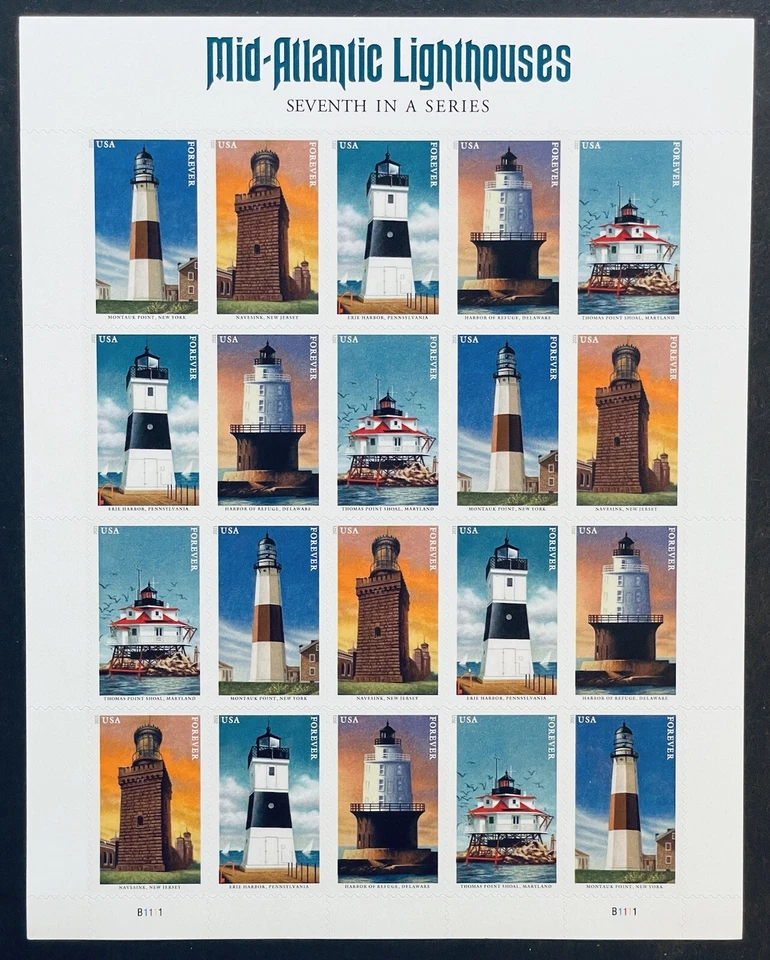 US MID ATLANTIC LIGHTHOUSES FOREVER STAMPS SHEET OF 20 MNH 2021 SCOTT #5621-25 - Image 1 of 1