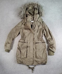 WITCHERY Jacket Coat Womens 6 Khaki Green Full Zip Faux Fur Trim Hood Pocketed - Picture 1 of 10