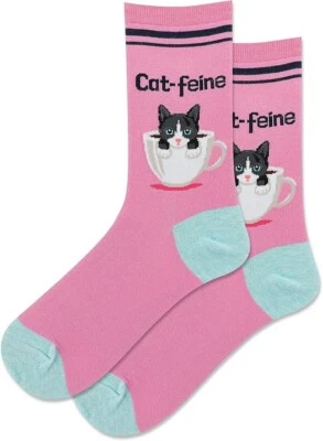 Cat-Feine Cat Crew Socks 1 Pair Pink Green Tuxedo Coffee Women's 9-11 Hot Sox - Image 1 of 4