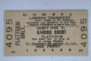 Boleto de plataforma London Transport Underground Barons Court Road 1d 1955 - Imagen 1 de 2