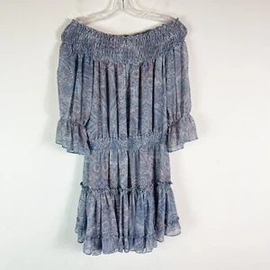 Misa Los Angeles Women's Darla Boho Printed Off Shoulder Mini Blue Dress L - Picture 1 of 8