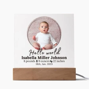 Personalised Gift New Baby Photo & Birth Stats Plaque with wooden stand, Newborn - Picture 1 of 6
