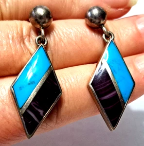 EARRINGS - 925 SILVER Purple & TURQUOISE - Pierced - VINTAGE Southwestern Inlay - Picture 1 of 6
