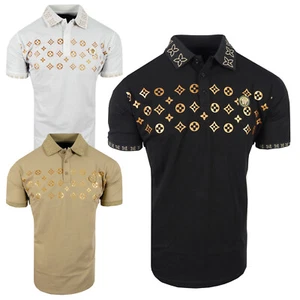 Polo Shirt Mens Luxury Italian Shiny Gold Prints Logo Slim Fit Stretch Casual - Picture 1 of 11