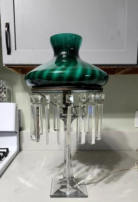 Antique Clear Glass Table Lamp Emeralite Green Swirl Shade  - Image 1 of 4