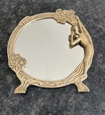 Vintage Art Deco Nouveau Table Top Vanity Mirror 9” Round Brass Frame Lady  - Image 1 of 4