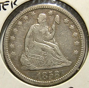 1858 Sitzende Freiheit Viertel 25c, Low Pop, sieht UNC! Sorte 1 - wieder aufgenommen - Bild 1 von 6