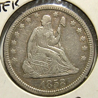 Cuarto de 25c libertad sentada 1858, bajo pop, ¡se ve sin usar! Variedad 1 - Reanudado Foto 1 de 4