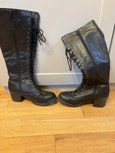 Laceup With Zipper Boots Women Size 9M Knee High Black Combat - Picture 1 of 7