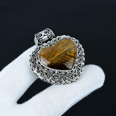 Pendente In Pietra Di Occhio Di Tigre In Argento Sterling 925 Per Regalo D'Amore - Immagine 1 di 4