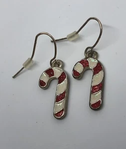 Candy Cane Dangle Earrings Silver Tone Red and White Sparkly Enamel Christmas - Picture 1 of 6