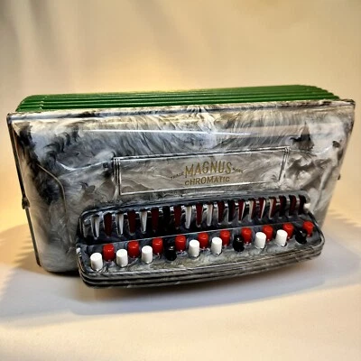 Vintage MAGNUS CHROMATIC ACCORDION 20 BUTTON TOY GRAY MARBLED CASE PLASTIC A2456 - Image 1 of 4